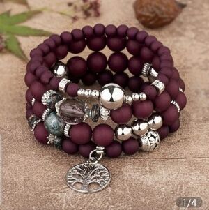 Chic Maroon and Silver Beaded Bracelet Set